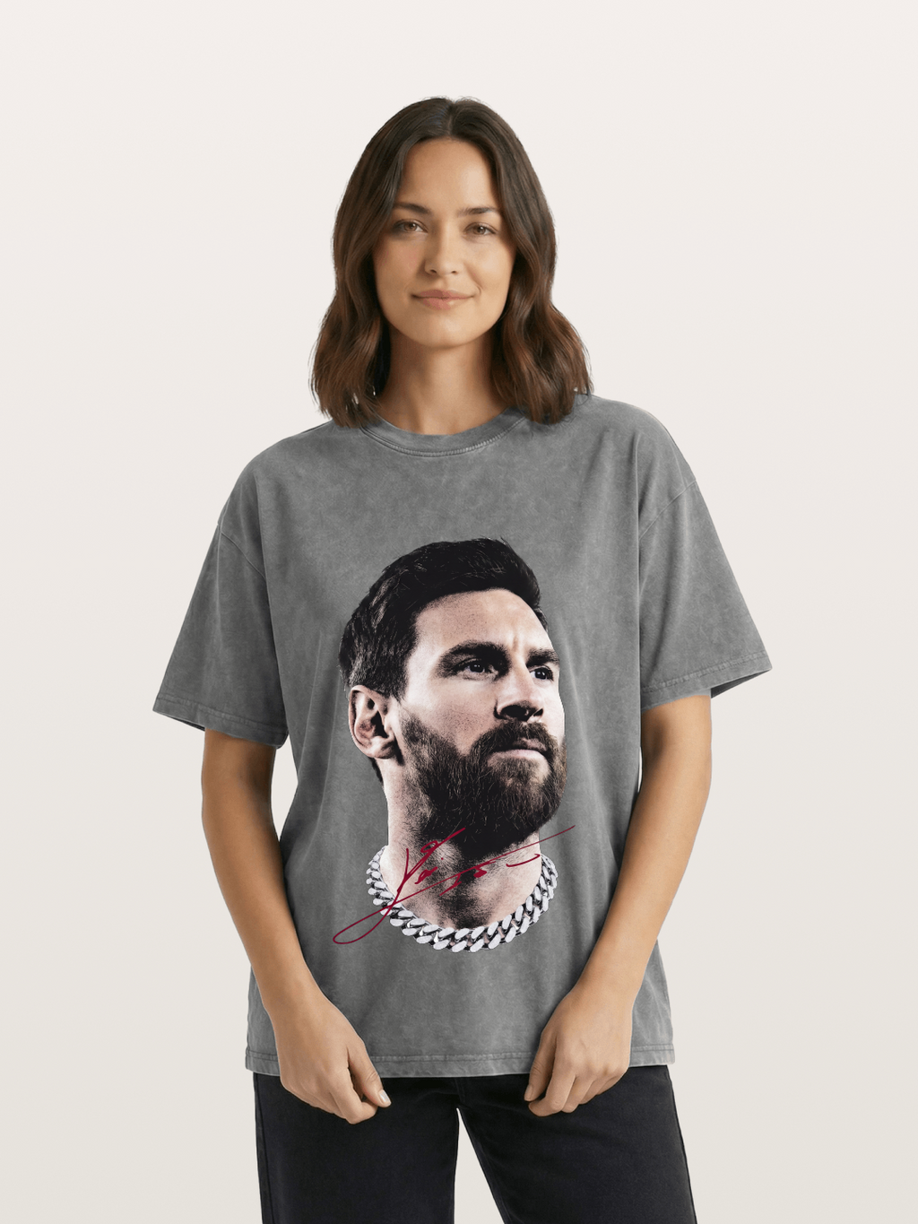 Messi Black White Signature Portrait Washed T-shirt