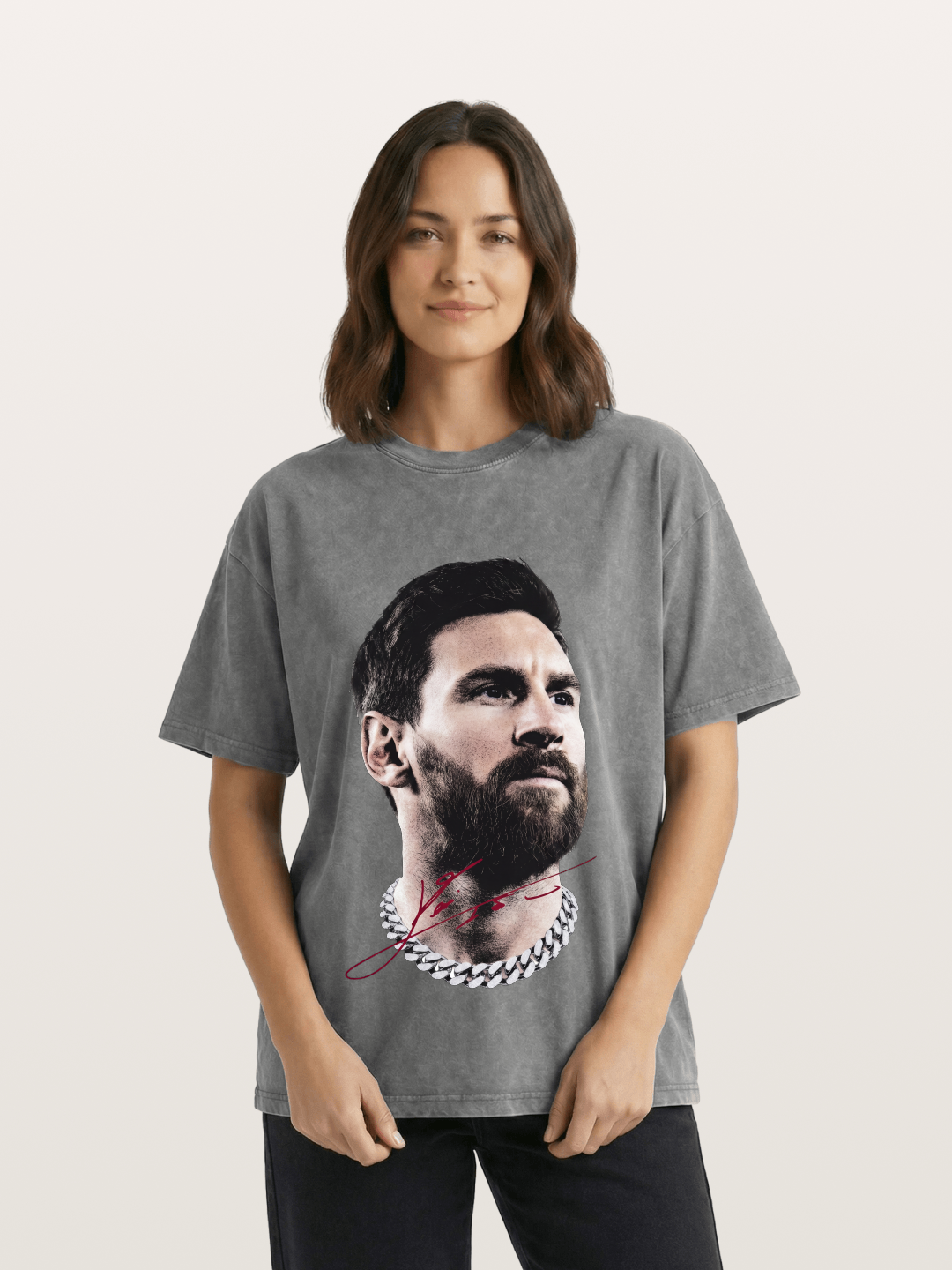 Messi Black White Signature Portrait Washed T-shirt