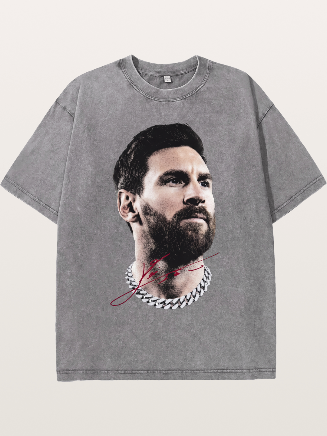 Messi Black White Signature Portrait Washed T-shirt
