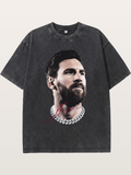 Messi Black White Signature Portrait Washed T-shirt