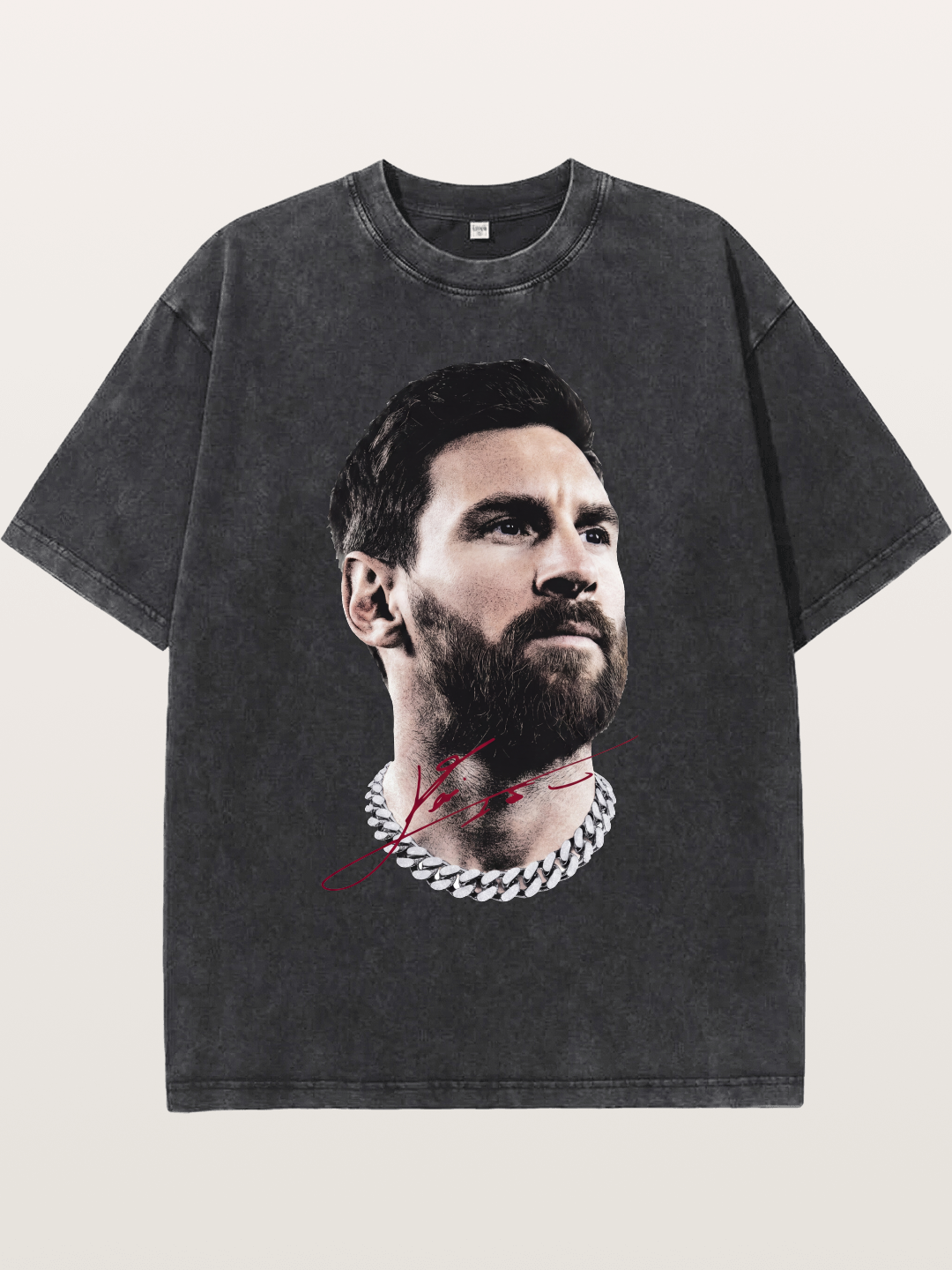 Messi Black White Signature Portrait Washed T-shirt