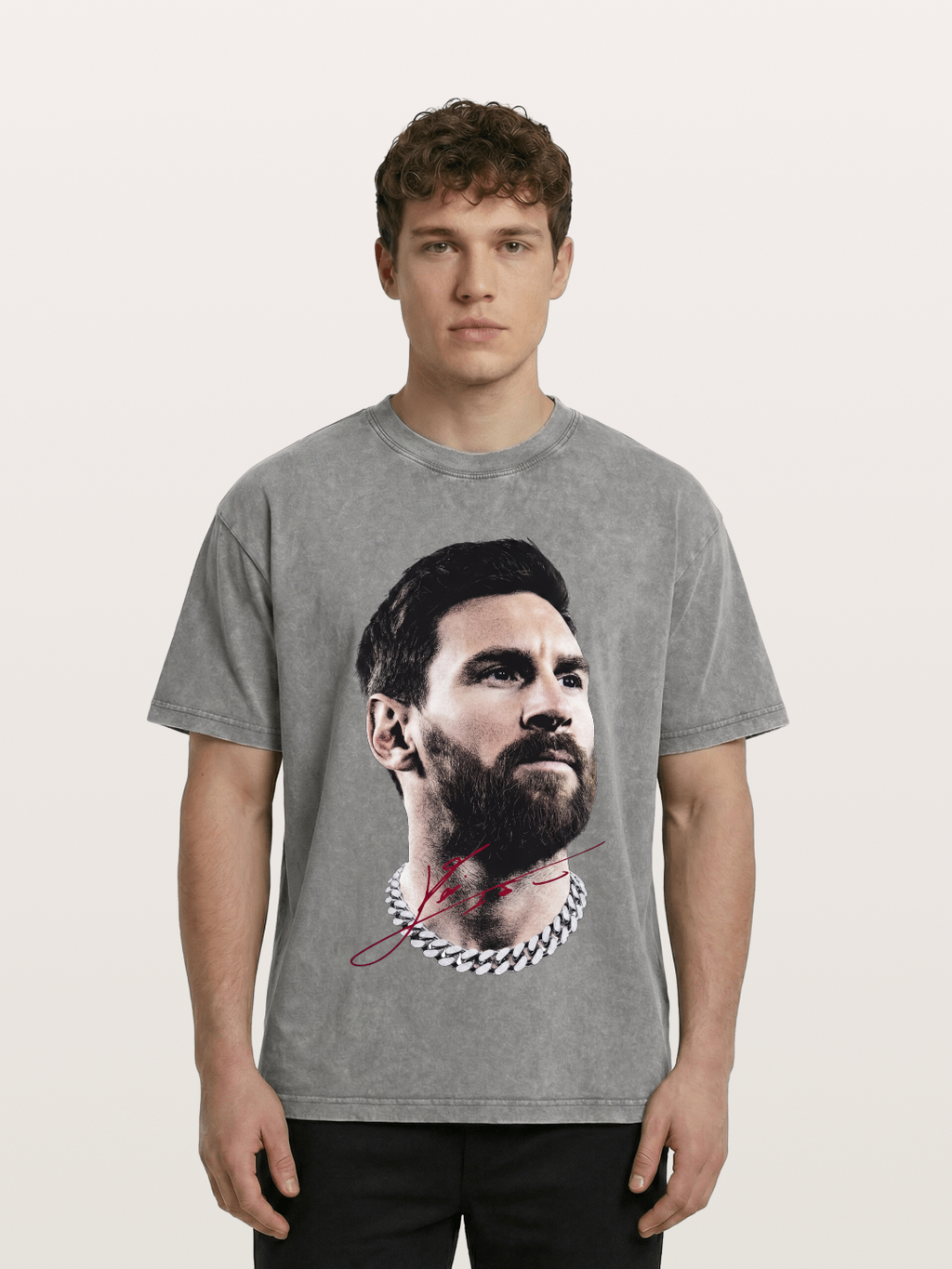 Messi Black White Signature Portrait Washed T-shirt