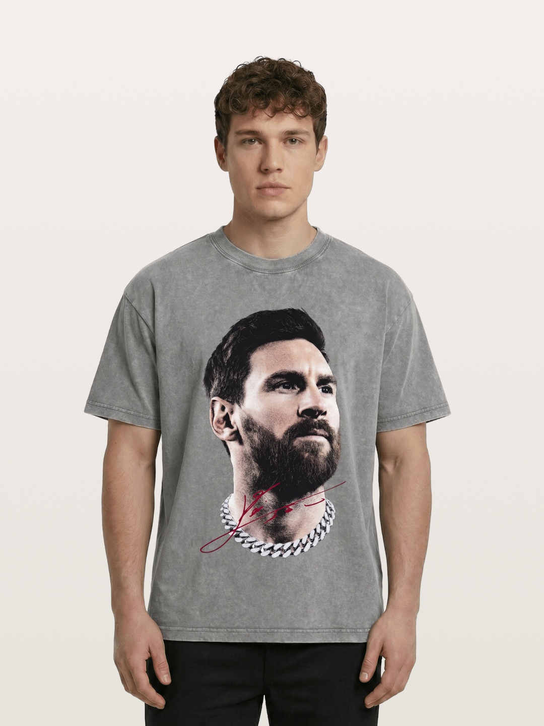 Messi Black White Signature Portrait Washed T-shirt