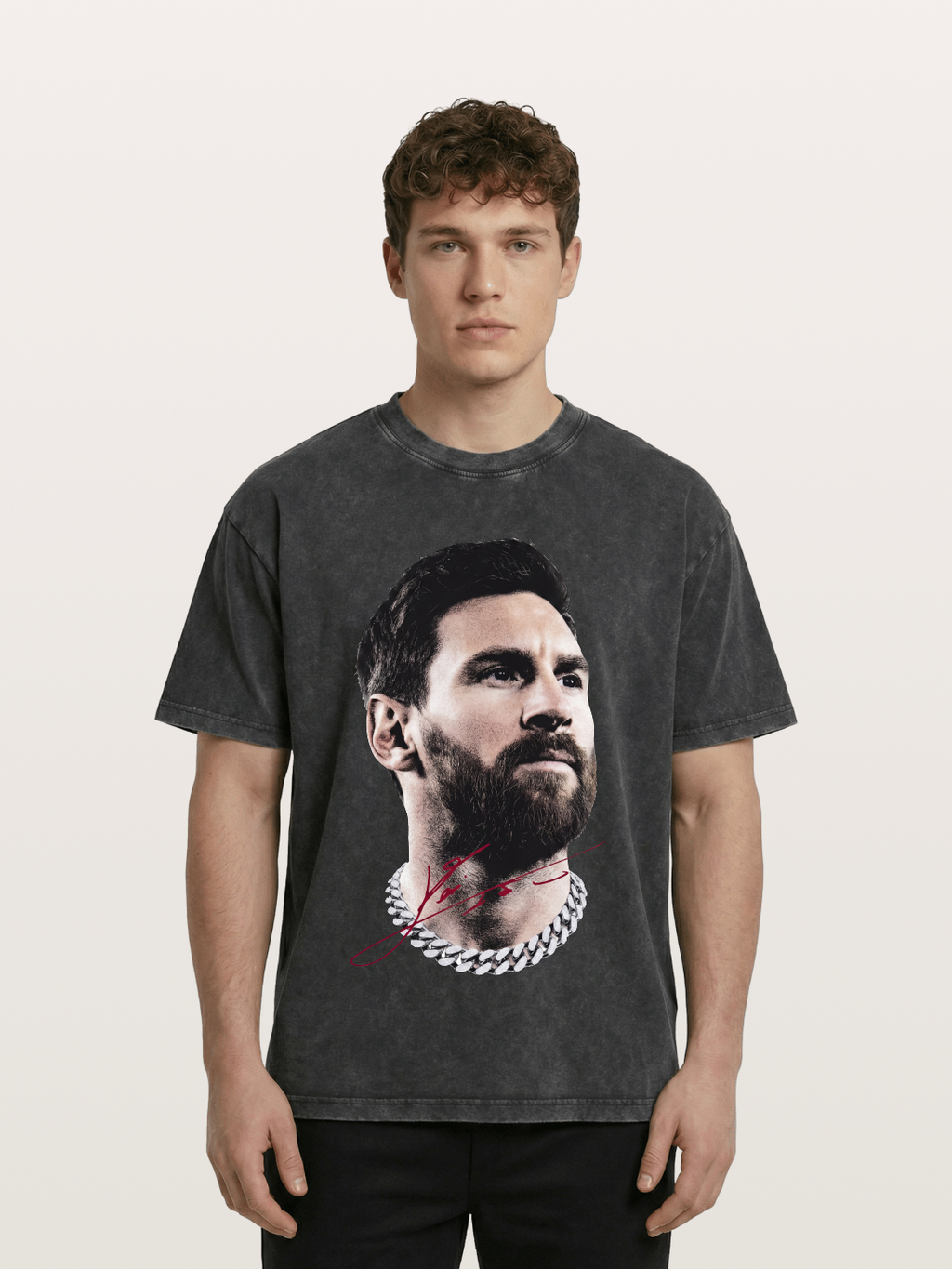 Messi Black White Signature Portrait Washed T-shirt