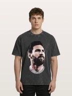 Messi Black White Signature Portrait Washed T-shirt