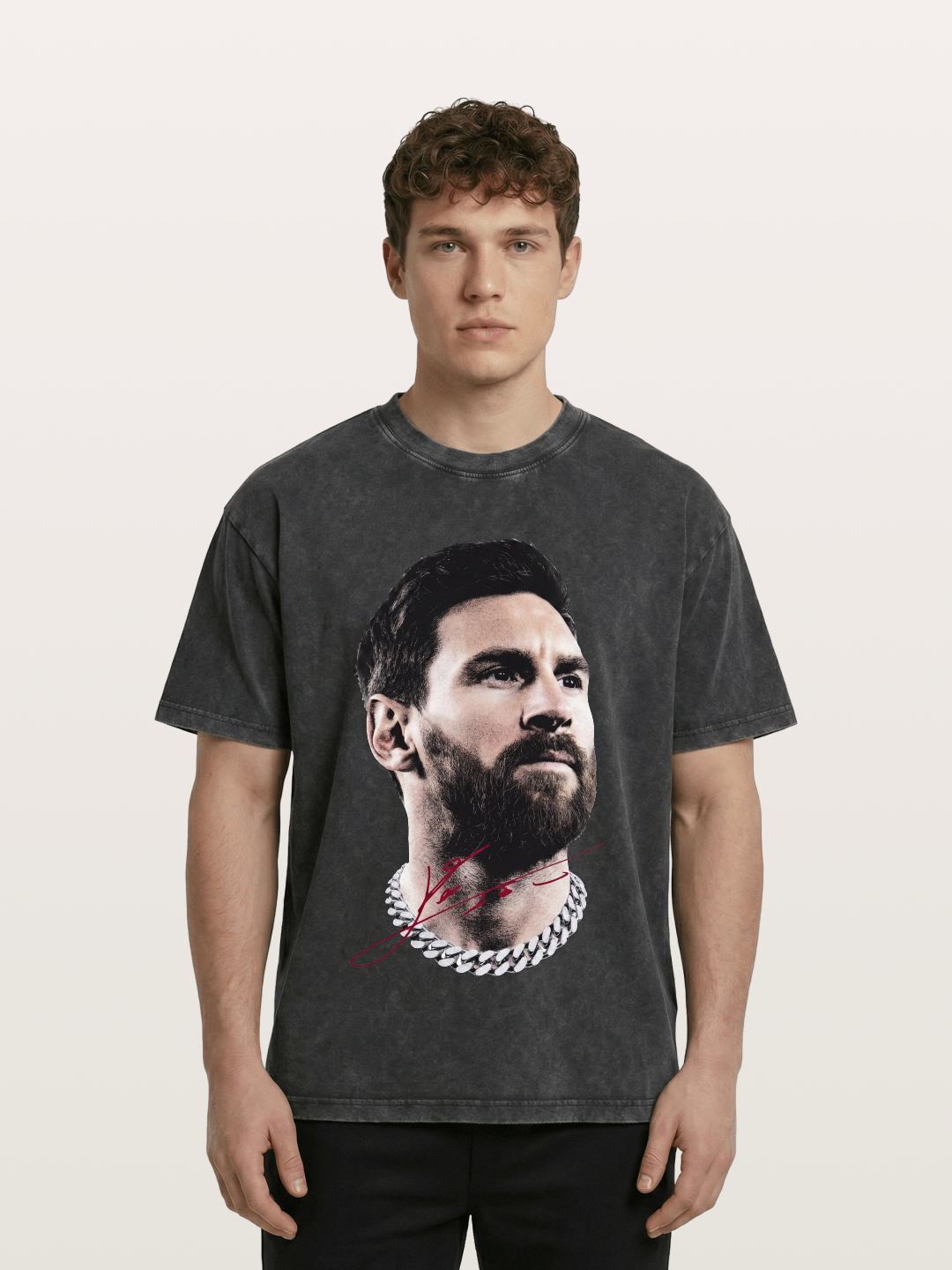 Messi Black White Signature Portrait Washed T-shirt