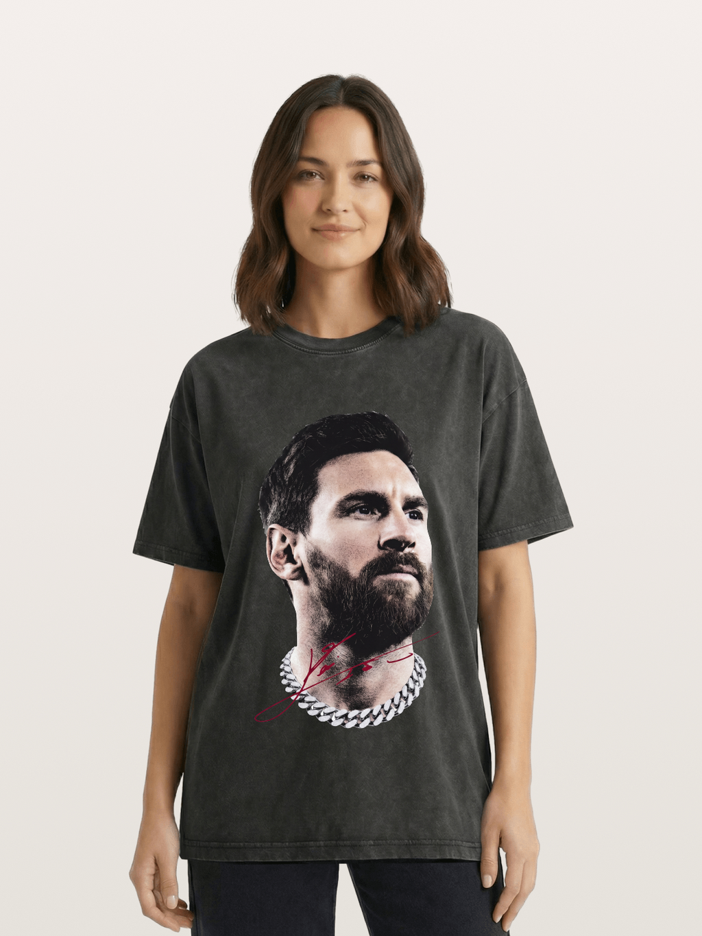 Messi Black White Signature Portrait Washed T-shirt