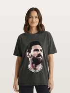 Messi Black White Signature Portrait Washed T-shirt