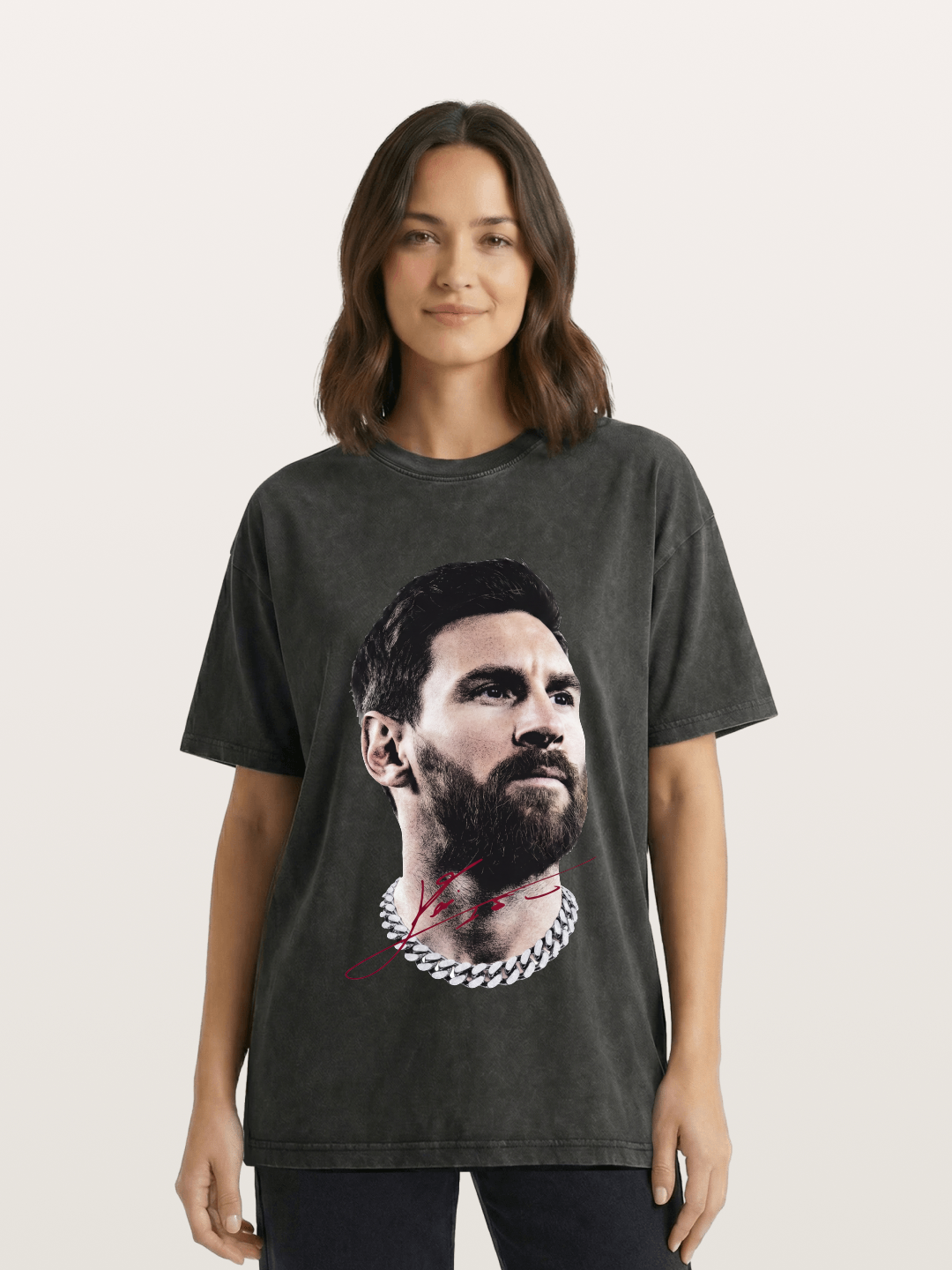 Messi Black White Signature Portrait Washed T-shirt